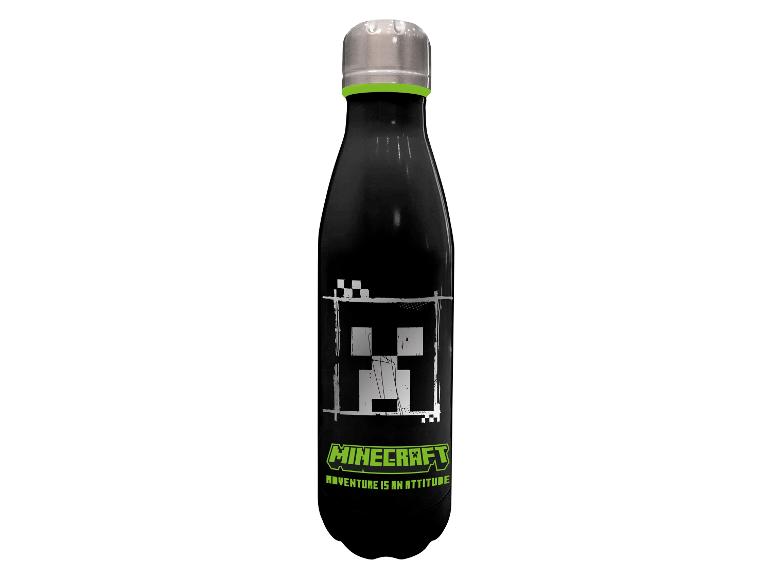 Černá termo láhev Minecraft s pixelovým designem.