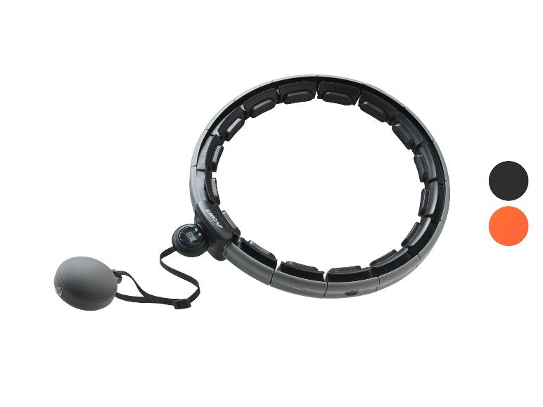 Šedý a černý chytrý hula hoop s digitálním počítadlem a připojenou zátěžovou koulí.