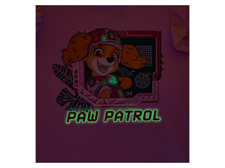 Růžové tričko s motivem usmívajícího se štěněte a svítícím nápisem „PAW PATROL“.