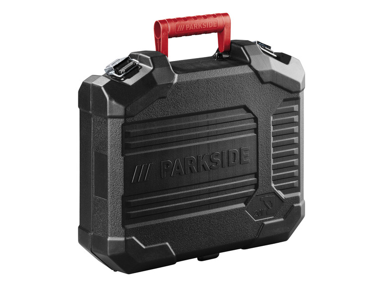 Černý kufřík na nářadí Parkside s červenou rukojetí.