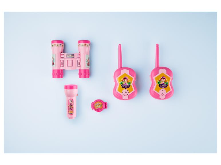 Růžové dětské doplňky: dalekohled, vysílačky a baterka Paw Patrol.