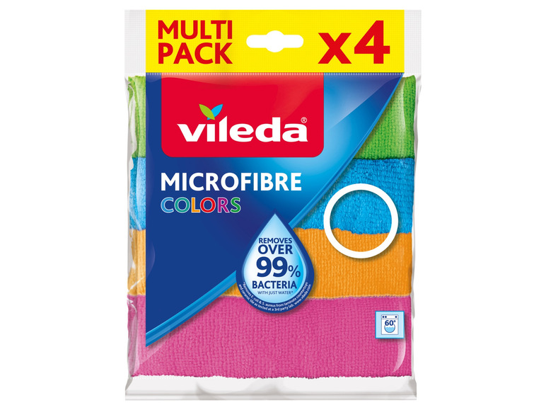 Balení 4 mikrovláknových utěrek Vileda v různých barvách.