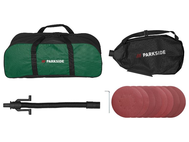 Brašna na nářadí Parkside, sáček na prach, hadice, imbusový klíč a brusné kotouče