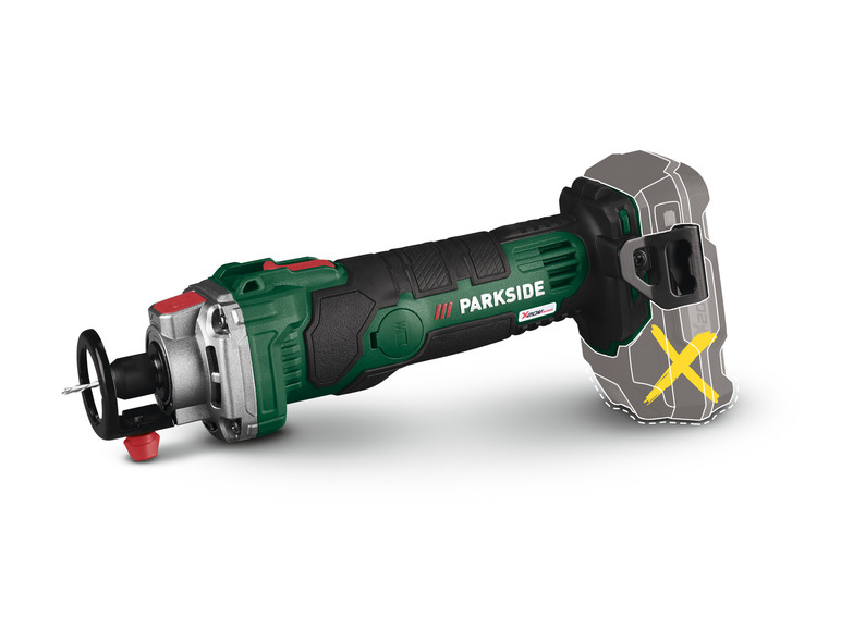 Zelené akumulátorové nářadí Parkside X20V Team pro práci se dřevem.