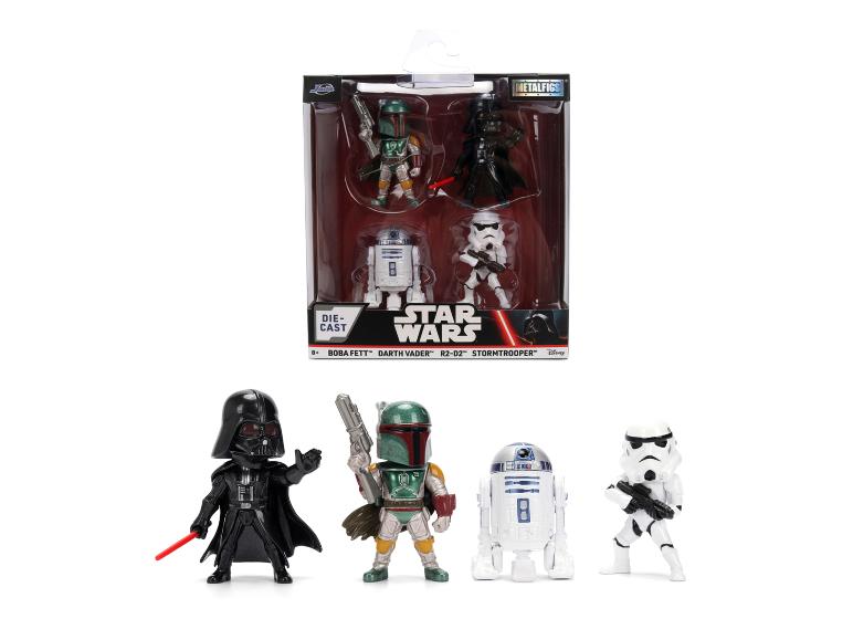 Star Wars kovové figurky Boba Fetta, Dartha Vadera, R2-D2 a Stormtroopera.