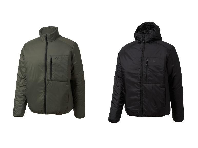 Dvě prošívané bundy, jedna olivově zelená bez kapuce a jedna černá s kapucí.