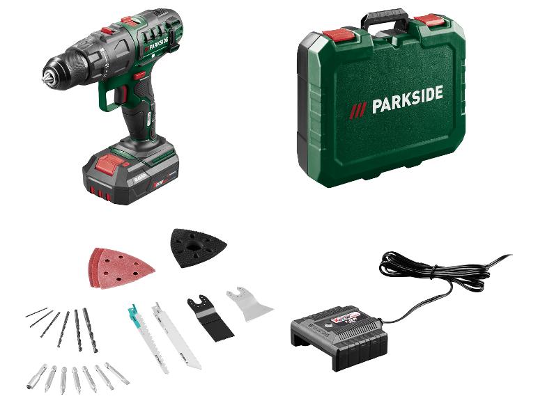 Akumulátorová vrtačka s baterií, nabíječkou, pouzdrem a DIY příslušenstvím.