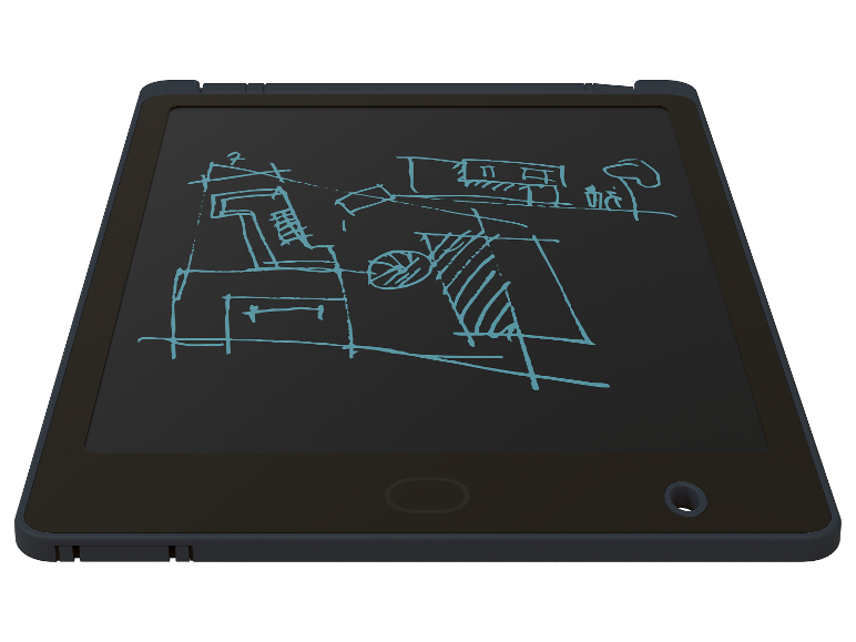 Tmavě šedý LCD tablet na psaní s jednoduchou skicou na obrazovce.