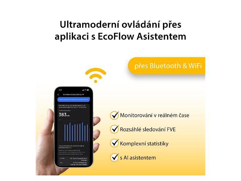 Ovládání aplikace EcoFlow Assistant přes Bluetooth a WiFi s monitorováním a statistikami v reálném čase.