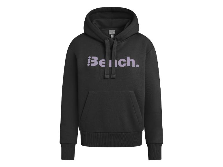 Černá mikina s kapucí Bench s fialovým logem a šňůrkami.
