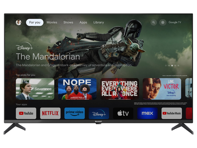 Televize Sharp s aplikacemi Disney+, Netflix, Prime Video a YouTube.