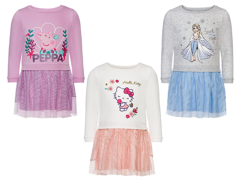 Tři dětské šaty s Peppa Pig, Hello Kitty a Frozen.