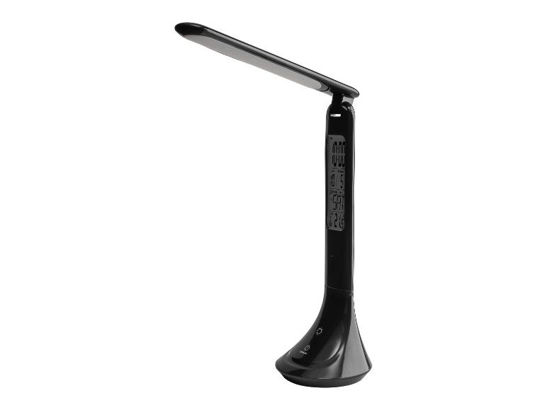 Černá stolní lampa s integrovanými hodinami a teploměrem.