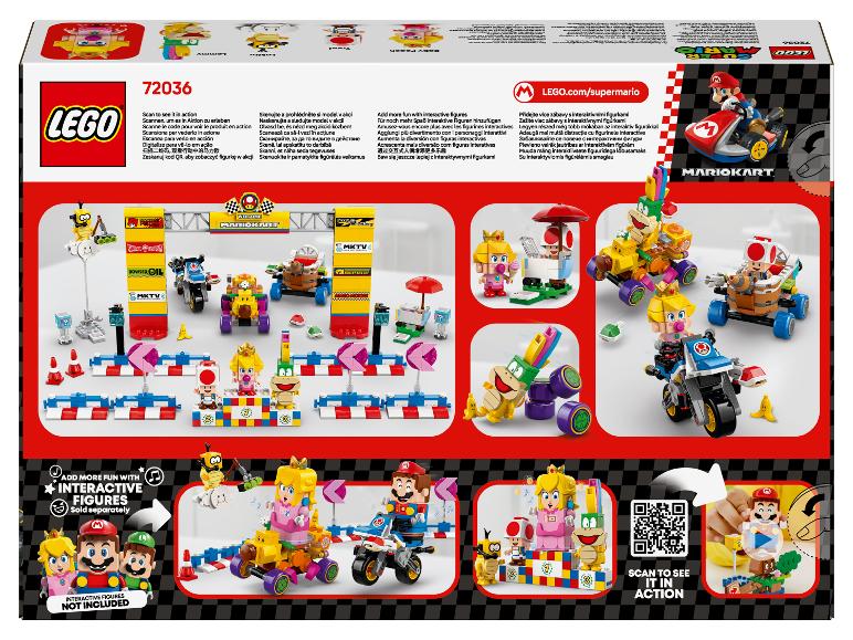 Krabice sady LEGO Mario Kart s postavičkami a vozidly, plus závodní dráha.