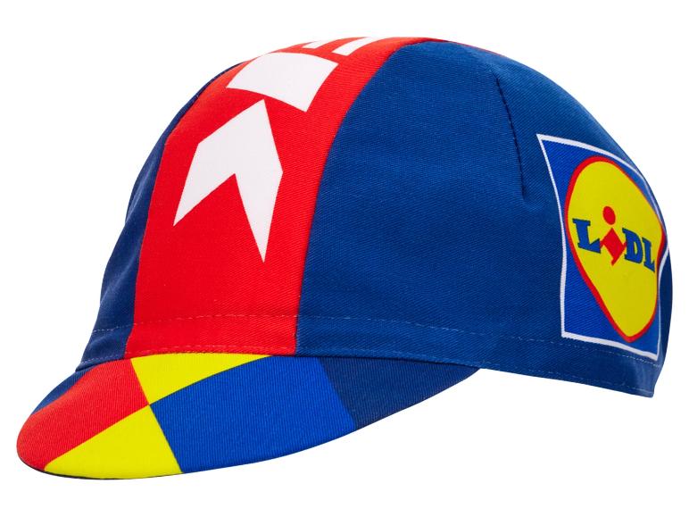 Cyklistická čepice Lidl: červená, modrá, žlutá.