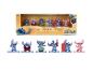Sada kovových figurek Disney Stitch, včetně Stitcha, Stitcha s ukulele, Stitcha v červeném obleku, surfujícího Stitcha, tančícího Stitcha a Angela.