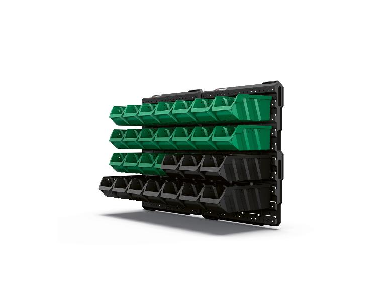 Nástěnný úložný panel PARKSIDE se zelenými a černými úložnými boxy.