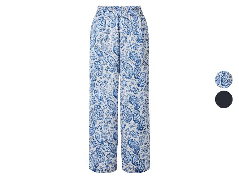 Modro-bílé široké kalhoty s paisley vzorem a elastickým pasem.