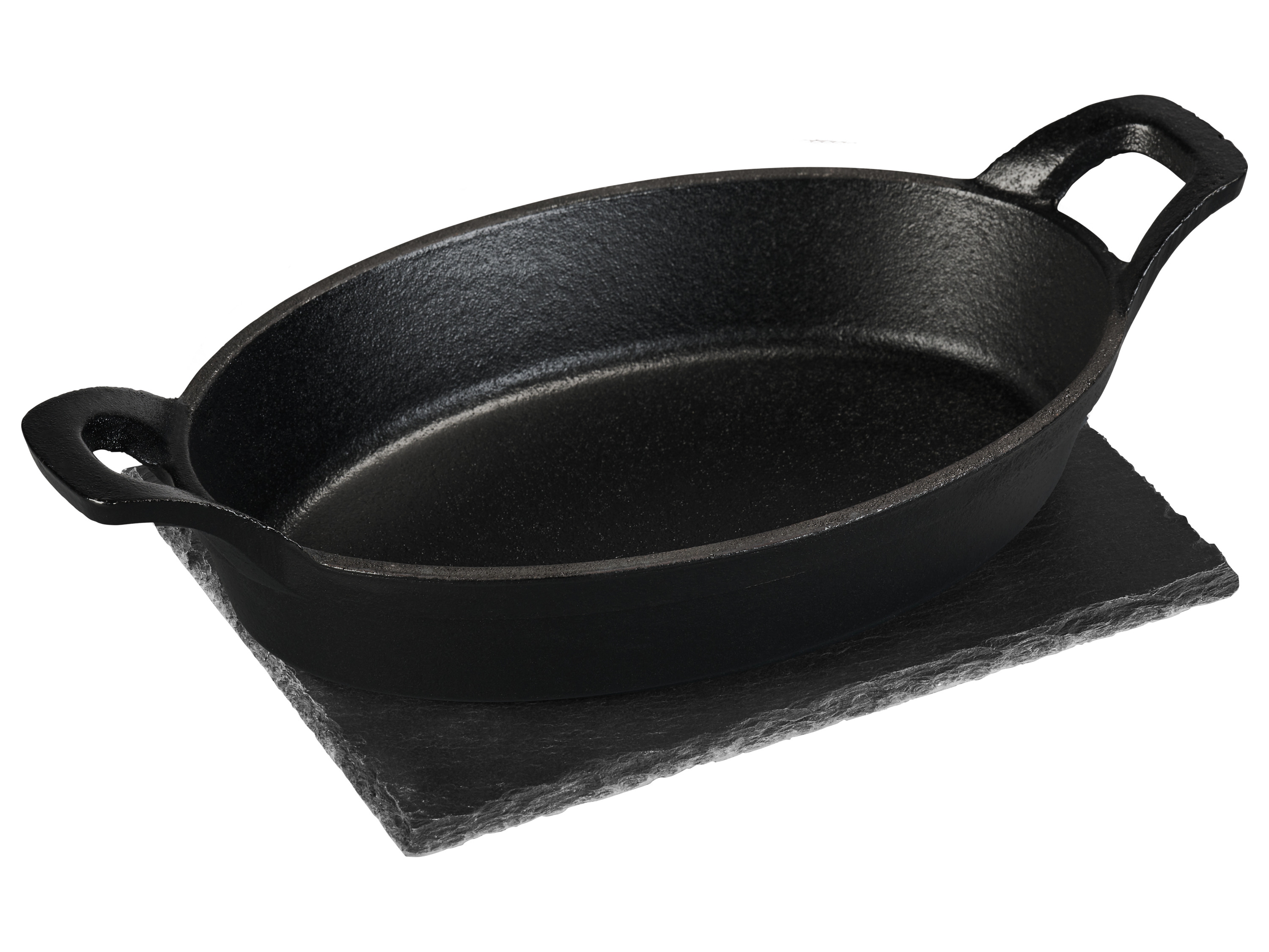 Grillmeister Litinová servírovací pánev s břidlicovou deskou / Lis na hamburgery (mini pánev oválná)