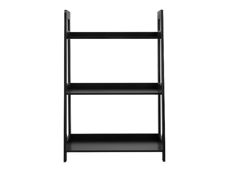 Černá dřevěná knihovna se třemi policemi.