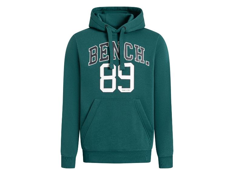Tmavě zelená mikina Bench s kapucí a bílým nápisem „BENCH. 89 TRACK & FIELD“
