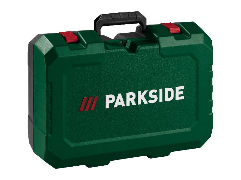 Zelený kufr na nářadí Parkside s červenými západkami a černou rukojetí.