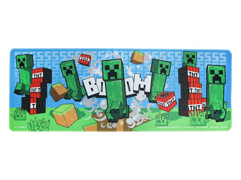 Podložka na stůl s motivem Minecraft s Creepery, TNT bloky a slovem „BOOM“.