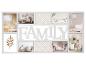 Bílý fotorámeček s více otvory tvořící slovo „FAMILY“ s různými obrázky bytového designu.