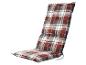Sedák na židli s červenobílým a šedým vzorem do kostky s přivázanou šňůrkou.