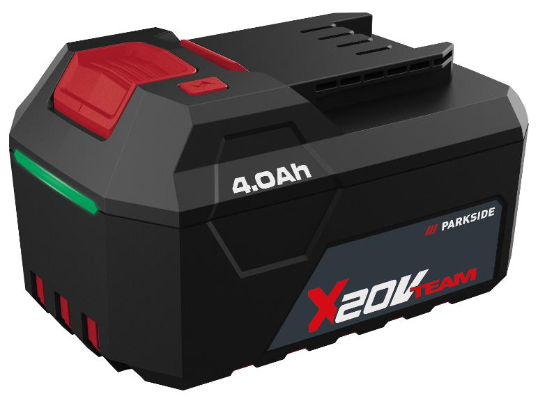 Černá a červená 4.0Ah baterie pro elektrické nářadí se zeleným indikátorem nabití.