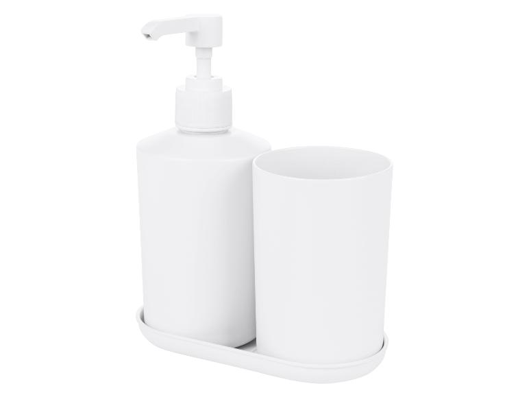 Dávkovač mýdla a kelímek, minimalistická bílá sada.