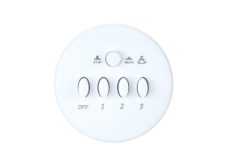 Bílý kruhový ovládací panel ventilátoru s nastavením zastavení, pohybu, oscilace a rychlosti (vypnuto, 1, 2, 3).