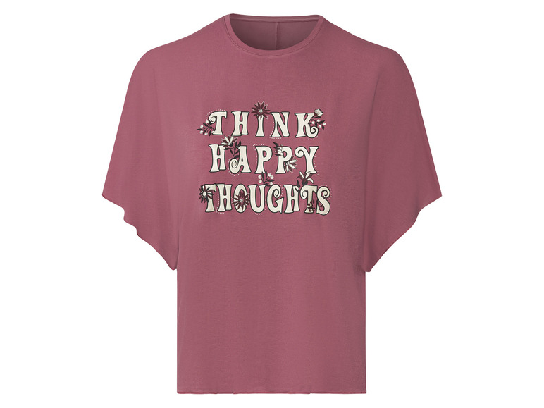 Růžové tričko s nápisem 'Think Happy Thoughts' ve vintage stylu.