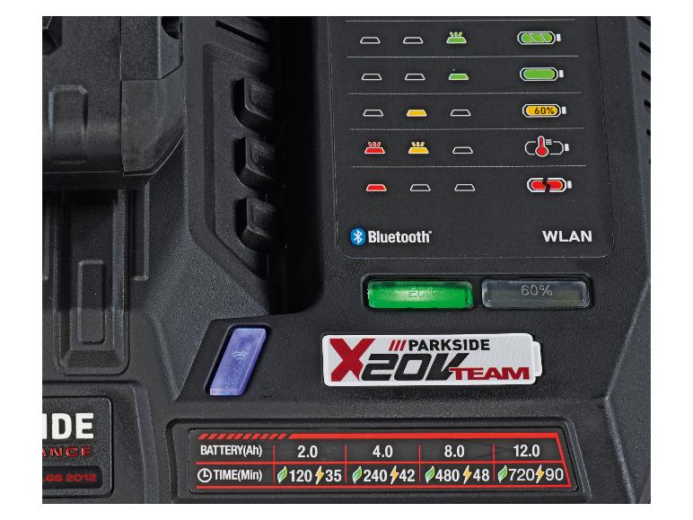 Nabíječka Parkside X20V Team s Bluetooth a WiFi.