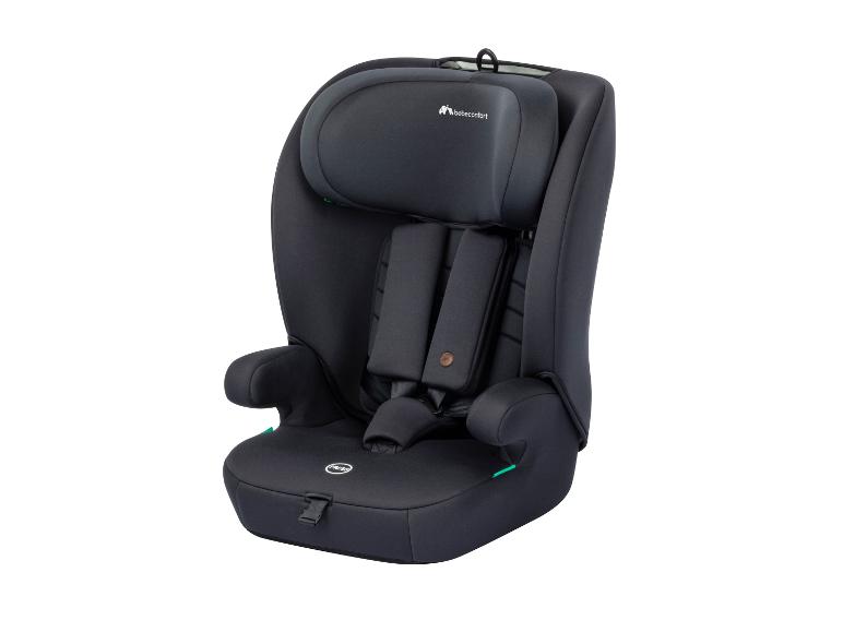 Tmavě šedá dětská autosedačka s pětibodovým bezpečnostním pásem a nastavitelnou opěrkou hlavy.