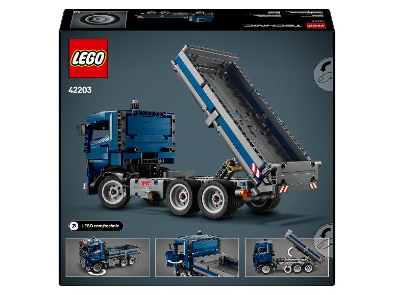 LEGO Technic 42203 krabice s modrým a šedým sklápěčem se zvednutou korbou.