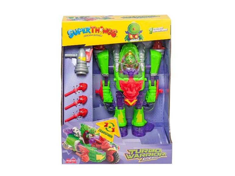 Hračka SuperThings Turbo Warrior Speed, zelený a fialový robot v otevřené krabici.