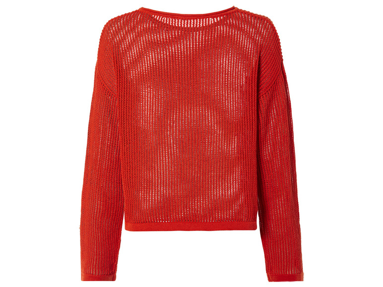 Červený pletený svetr s dlouhým rukávem.