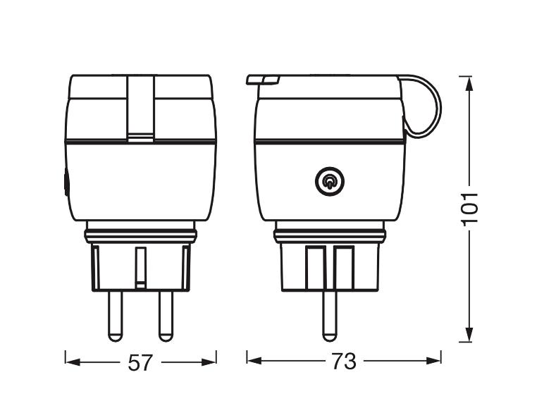 Technický výkres dvou elektrických zástrček s rozměry 57x101mm a 73x101mm.