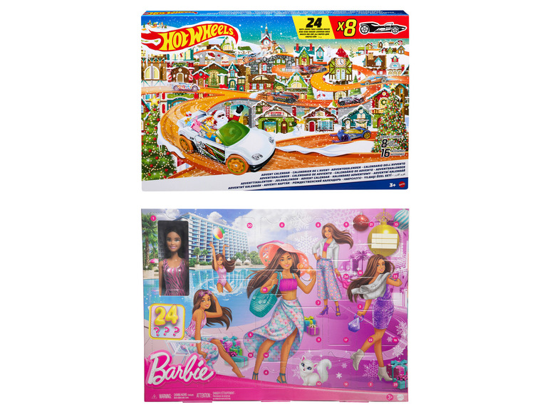 Adventní kalendáře Hot Wheels a Barbie s auty, doplňky a panenkami.