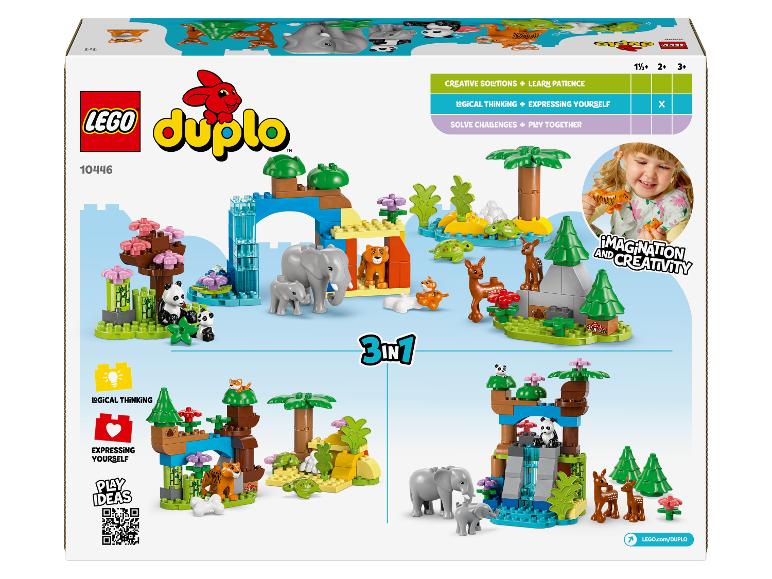 Krabice LEGO Duplo 10446 s 3v1 sadami divokých zvířat a hrající si dívkou.