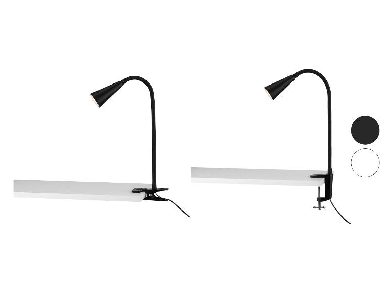 Dvě černé stolní lampy s flexibilním ramenem, jedna s klipem a druhá se šroubovým úchytem.
