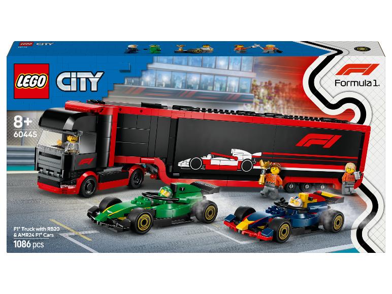 Sada LEGO City F1 kamion s vozy F1 RB20 a AMR24, 1086 dílků.
