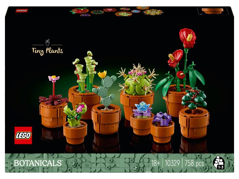 Sada LEGO Botanicals Tiny Plants s devíti různými sestavitelnými rostlinami v květináčích.