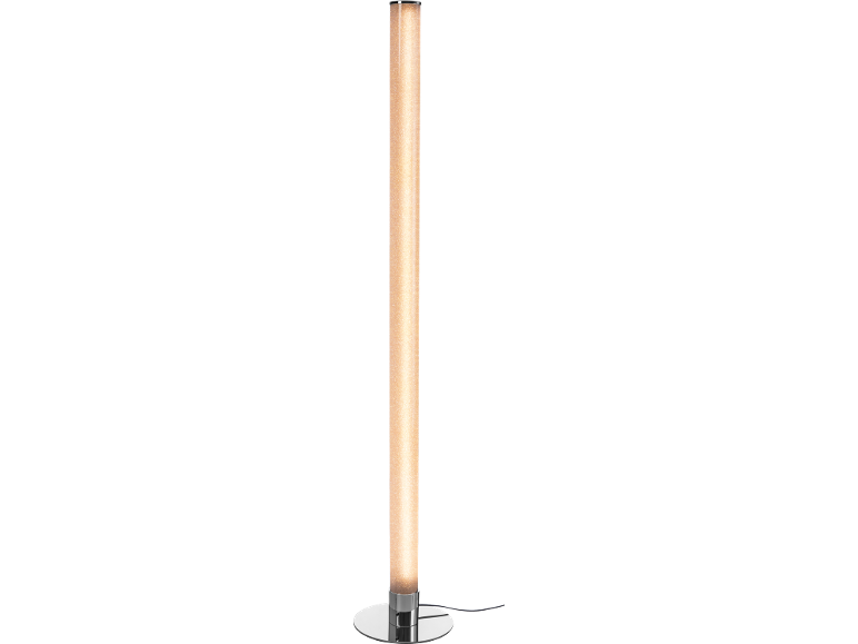 Sloupová stojací lampa se zlatými třpytkami, chromovou základnou a černým kabelem.