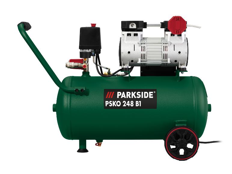 Zelený kompresor Parkside PSKO 248 B1 s černými koly a rukojetí.