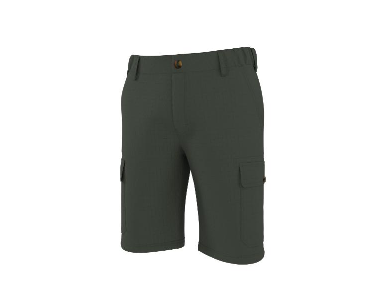 Tmavě zelené cargo šortky s bočními kapsami a hnědým knoflíkem.