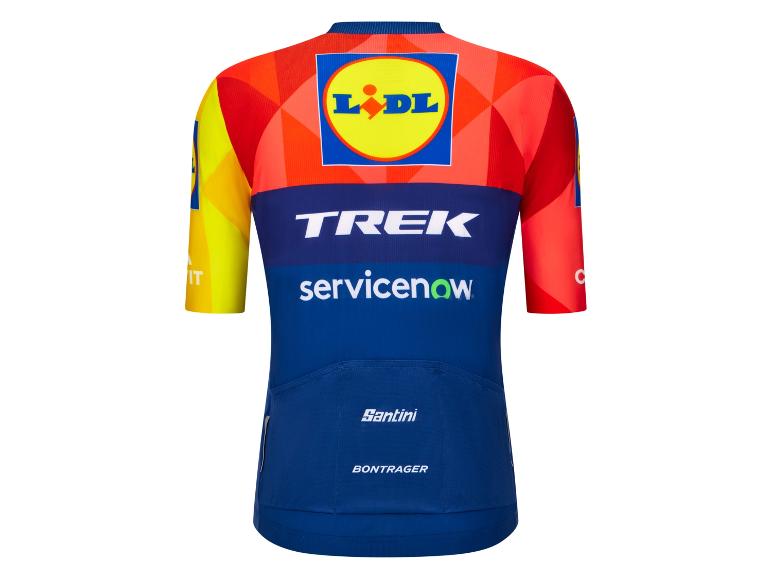Cyklistický dres v červené, žluté a modré barvě s logem obchodu s potravinami.