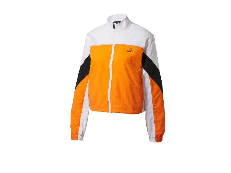 Sportovní bunda Crivit v bílé, oranžové a černé barvě se zipem.