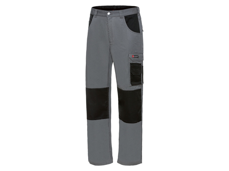 Šedé pracovní kalhoty s černými chrániči kolen značky Workwear.